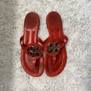 Tory Burch Red Miller Sandals with Silver Logo. Size 9